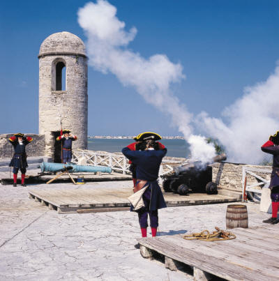 Displays of Spanish military maneuvers at Castillo de San Marcos.